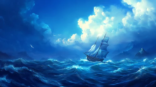 Sunlit blue sailing ship riding bright, rolling ocean waves.