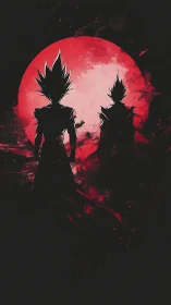 Two warrior silhouettes stand before red eclipsed moon