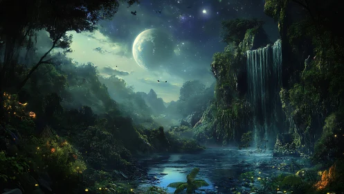 Nocturnal forest landscape with waterfall and distant moon.
