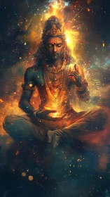 Cosmic meditating deity amid radiant celestial fire.