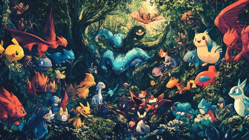 Vibrant creature gathering enlivens a lush enchanted forest