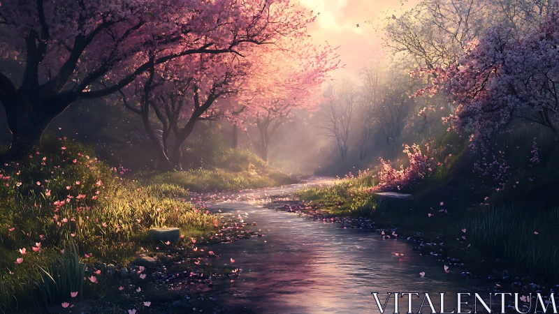 Sunlit spring river winding through gentle cherry blossoms.