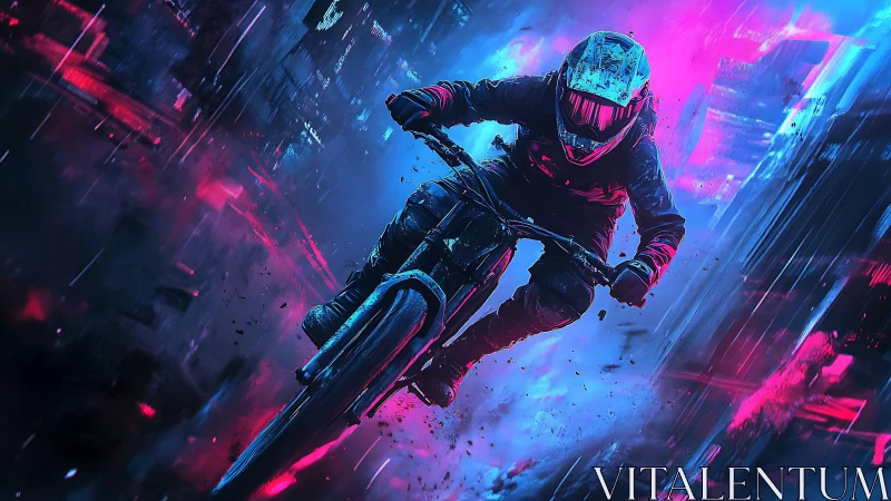 Motorcyclist in neon-lit urban environment at speed.