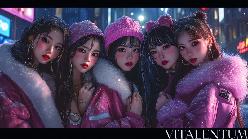 Snowy city glow with five friends in pink coats.