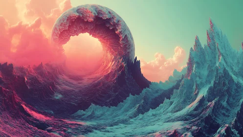 Surreal cosmic wave tunnel opens in neon dawn sky