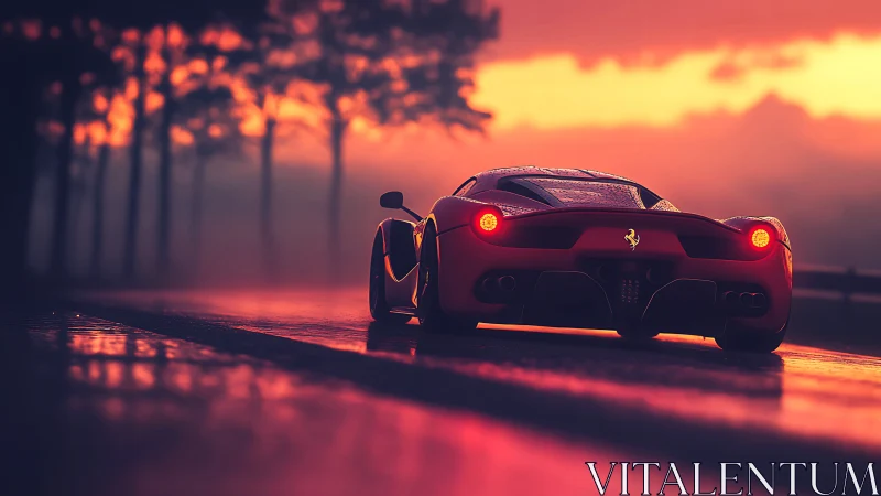 Crimson supercar glows against a rain-slick neon sunset road.