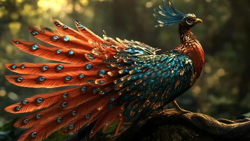 Majestic Fantasy Bird with Vibrant Feathers in Lush Forest Scene.