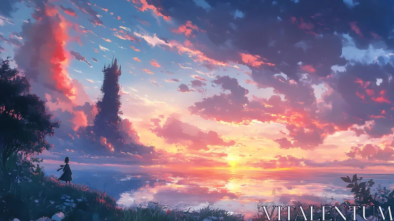 Distant vertical tower stands across reflective sunset shoreline