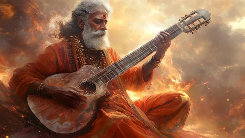 Mystic elder in orange robes plays celestial guitar amid fire.