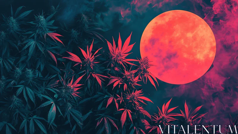 Cannabis plants in neon duotone lighting under large red moon