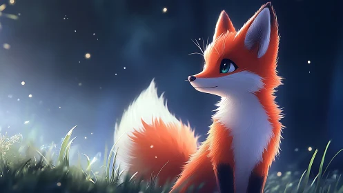 Moonlit meadow foxling glows in a soft forest hush.