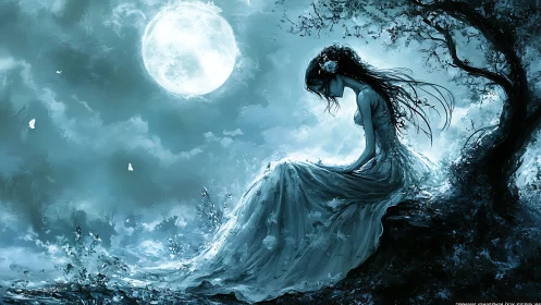 Moonlit maiden in flowing gown beneath ethereal sky.