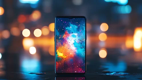 Smartphone framed by neon bokeh with cosmic burst display.