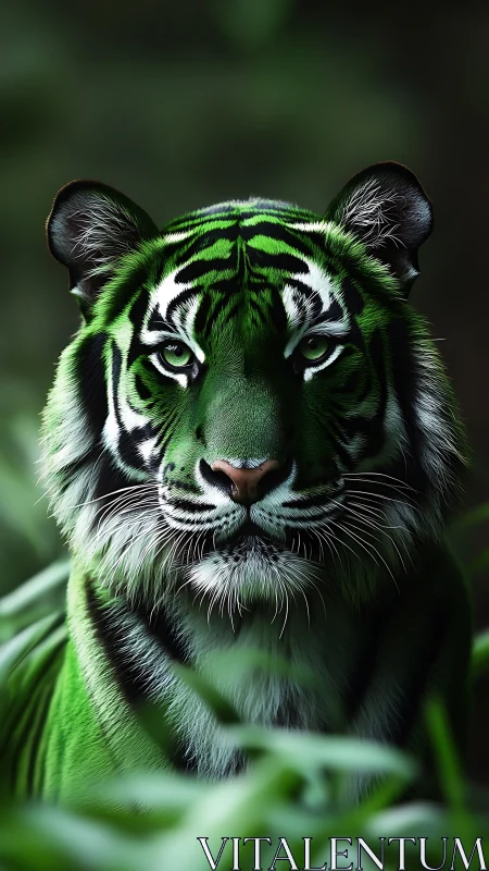 Serene emerald tiger resting quietly in lush green jungle.