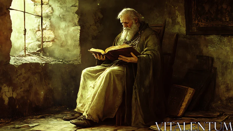 Elderly robed scholar reads a large book beside window