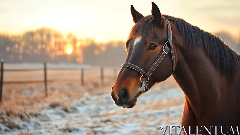 Sunlit bay horse in shallow depth winter pasture portrait