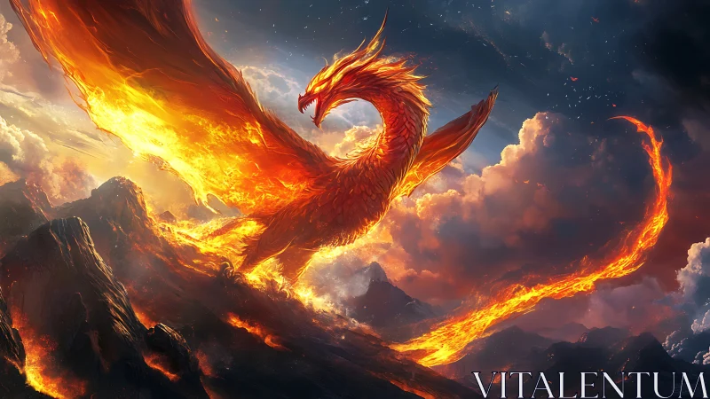 Inferno-winged phoenix carving firepaths through stormed sky.