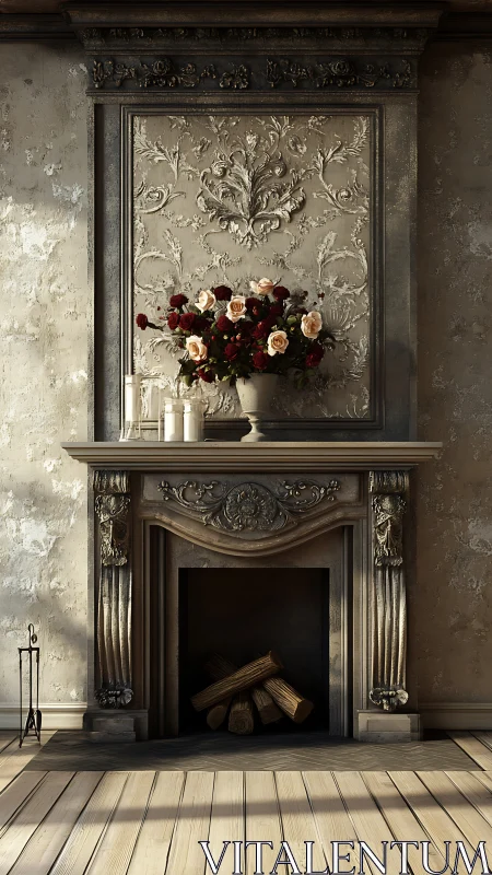 Baroque fireplace still life under quiet morning light.
