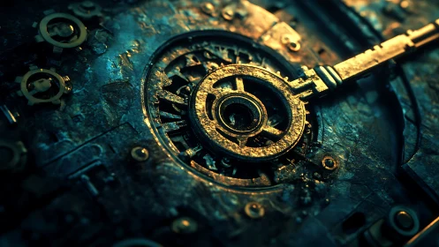 Cyberpunk radial lock mechanism with corroded brass detailing.