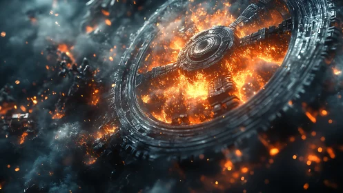 Ancient mechanical ring collapses into a burning inferno.