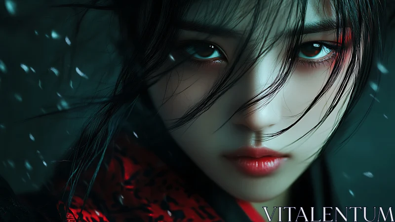 Snowlit warrior gazes through storm-softened strands of night