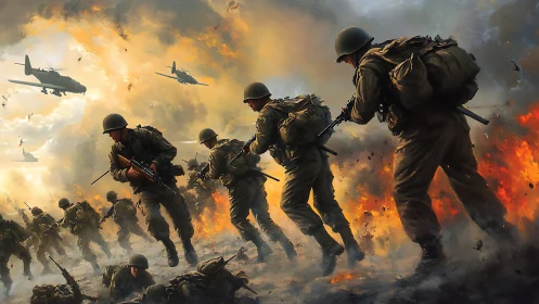 Storm-forged infantry charge beneath burning battle skies.