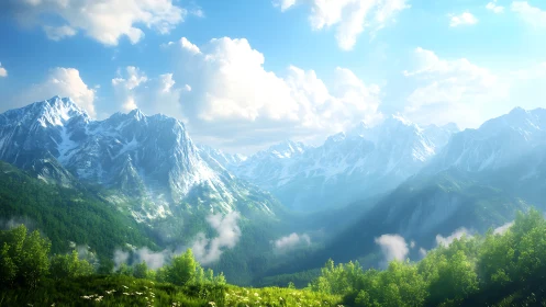 Sunlit alpine range over emerald forest valleys panorama.