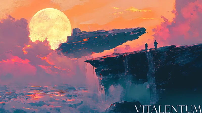Futuristic starship hovers near cliff edge under massive lunar backlight