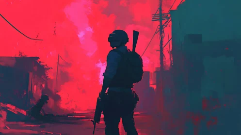 Armed figure stands in neon-lit urban alley under dense smoke
