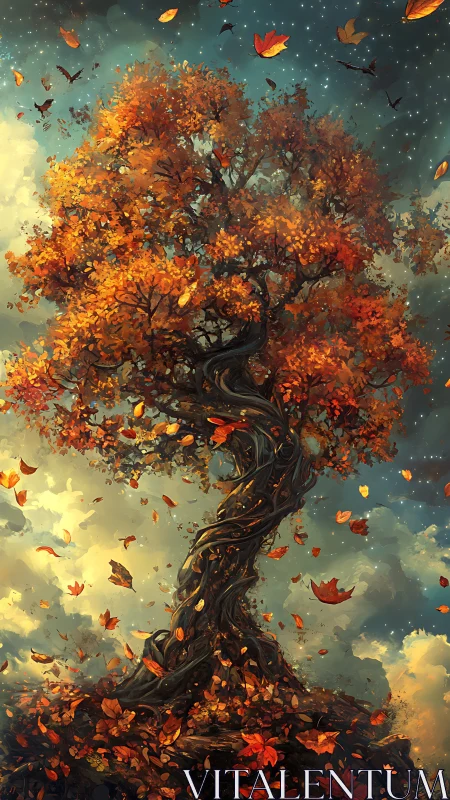 Twisted autumn tree glows against stormlit celestial sky.