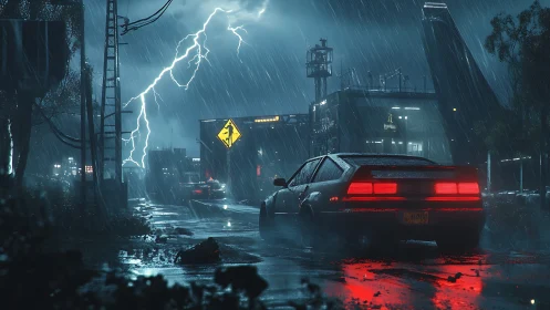 Retro sports car glows red on a storm-lashed neon highway