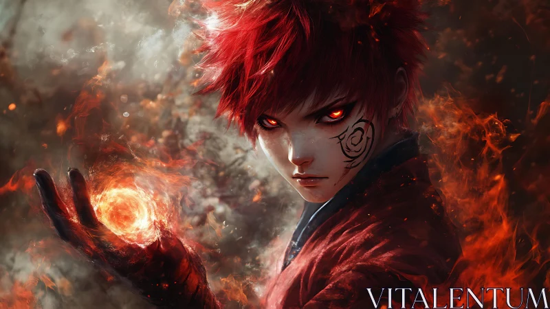 Inferno-eyed mage conjures molten power in swirling embers.