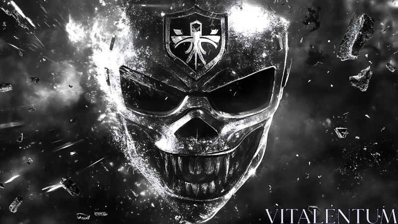 Shattered chrome skull erupts in cosmic debris stormed void.