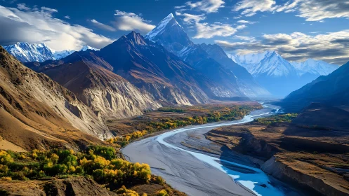 Snow crowned mountains watch over a calm winding river valley