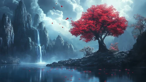 Crimson dreamtree lingers beside mist-wrapped waterfall cliffs