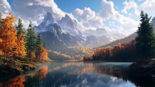 Autumn flames serenade crystal peaks in a mirror-still lake