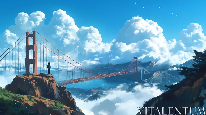 Dreamy cliffside view of a bridge above drifting clouds.