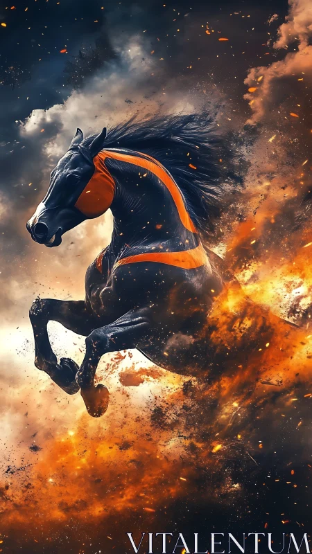 Fire-wreathed cyber steed leaping through storm and embers.