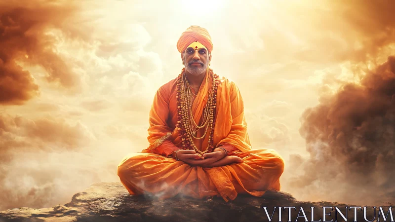Mystic guru in orange robes meditating under radiant skies.