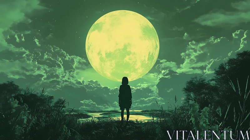 Silhouette child beneath oversized green full moon.