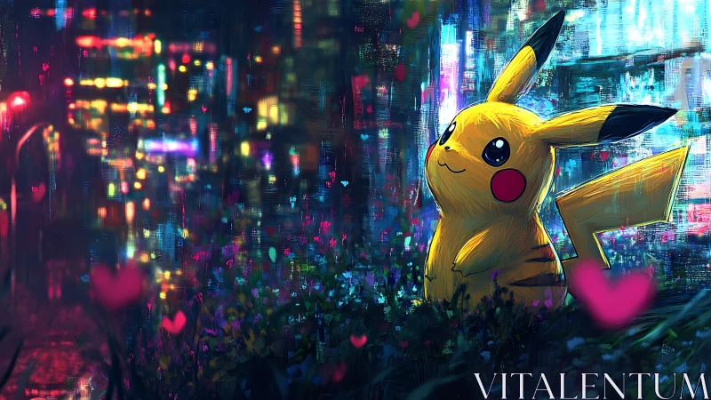 Pikachu illuminated in neon city garden with bokeh hearts.