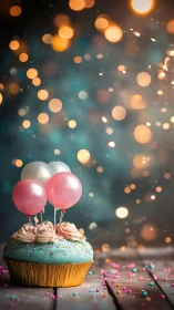 Festive Cupcake with Balloons and Golden Bokeh.