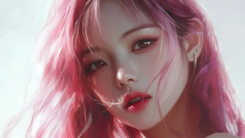 Portrait shows close-up of young woman with vivid pink hair