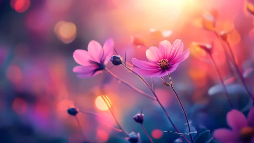 Pink Cosmos Flowers Blooming in Soft Bokeh Light