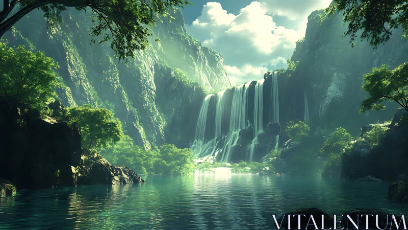 Lush digital waterfall valley with still reflective lake.