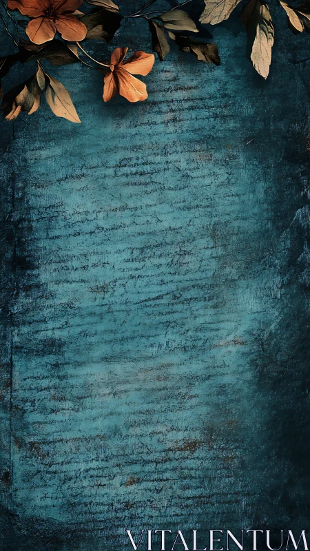 Burnt orange florals crown distressed teal texture background.