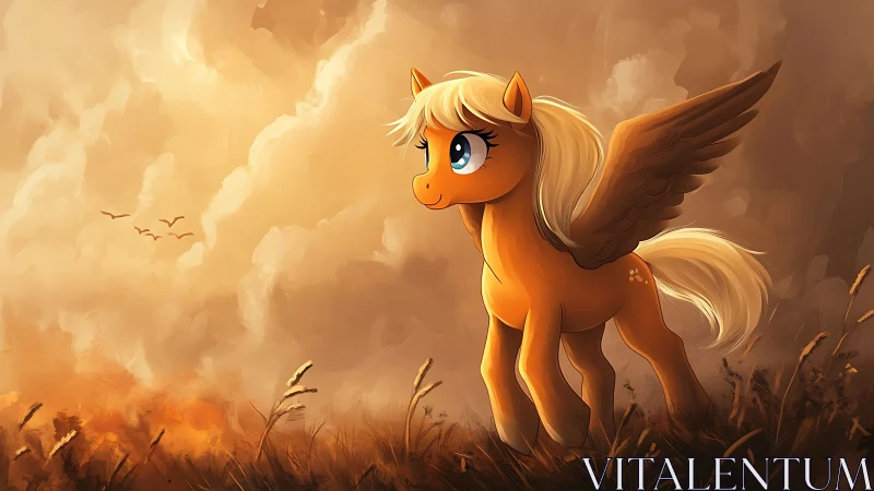 Winged orange pony in glowing sunset grassland scene.