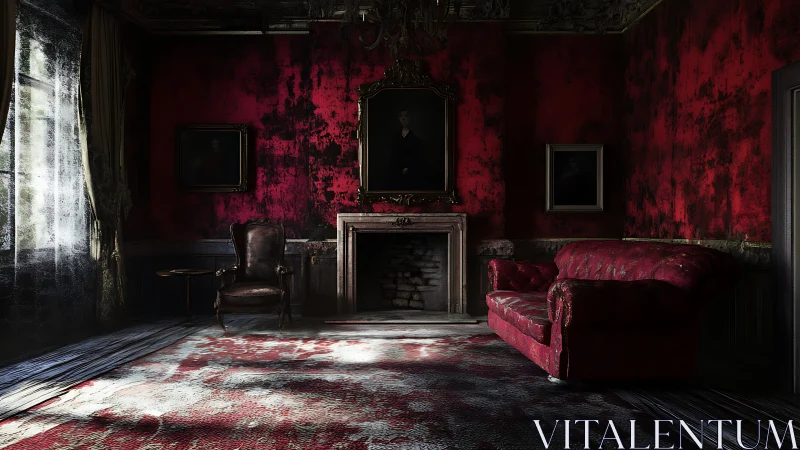 Faded velvet parlor brooding in crimson and ghostlight.