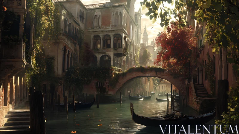 Gondolas beneath stone bridge in dense canal district.