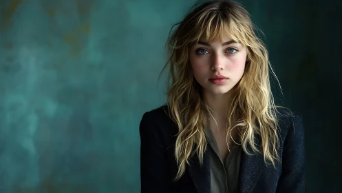 Blonde woman in dark blazer against soft teal backdrop